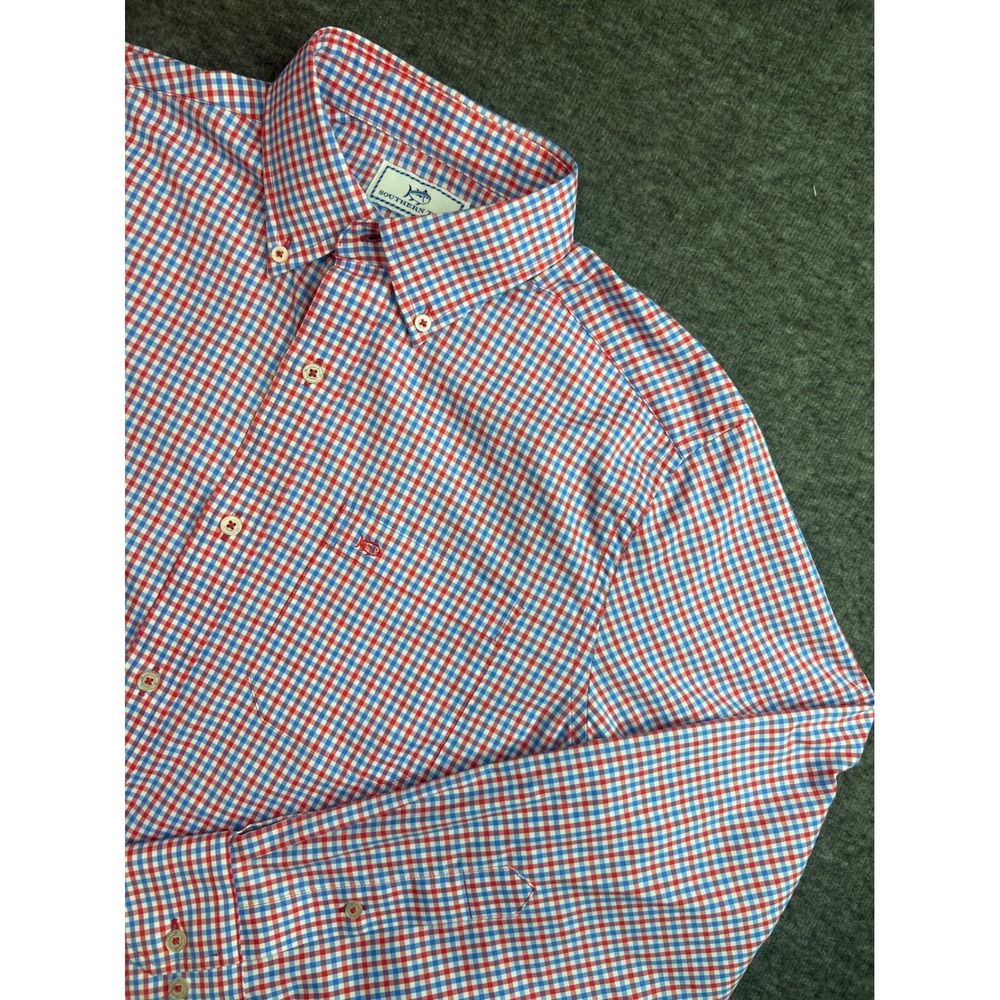 Southern Tide Intercoastal Mens Small Red Blue Gingham Stretch Button Down Shirt